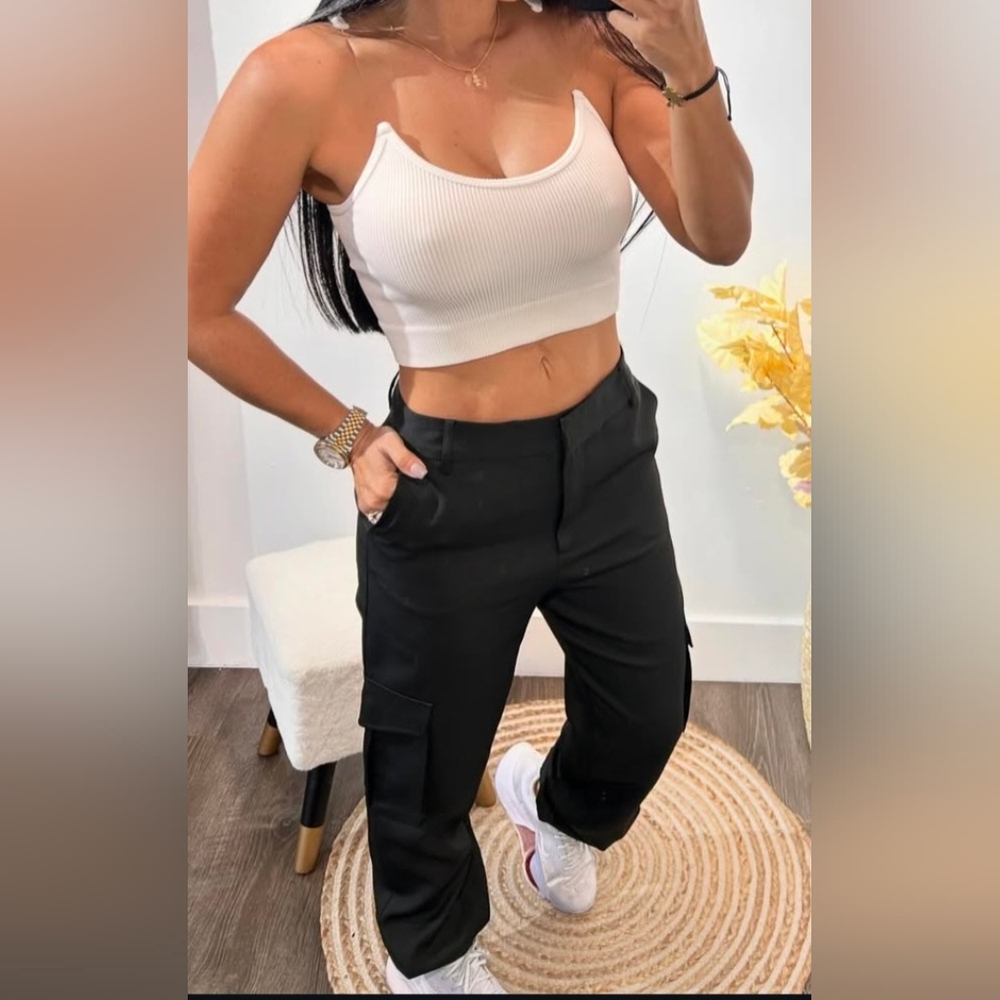 Women's Black Satin Cargo Pants